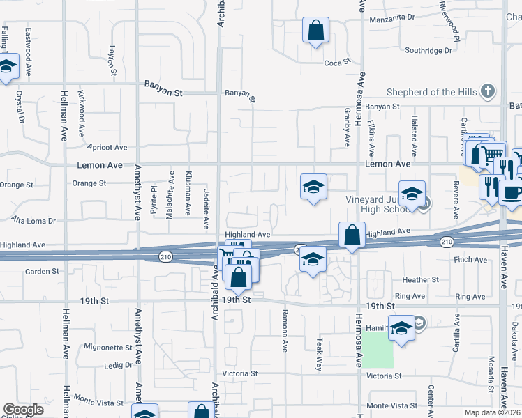 map of restaurants, bars, coffee shops, grocery stores, and more near 9805 Caldaro Street in Rancho Cucamonga