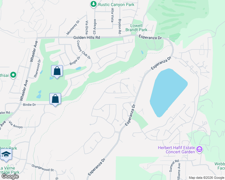 map of restaurants, bars, coffee shops, grocery stores, and more near 6137 Ridgemont Circle in La Verne