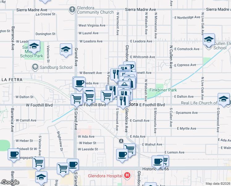 map of restaurants, bars, coffee shops, grocery stores, and more near 133 North Vermont Avenue in Glendora
