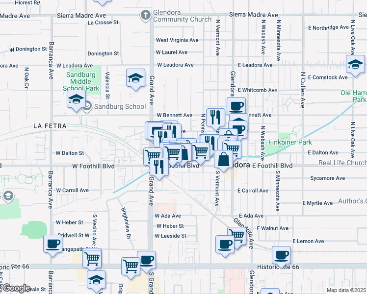 map of restaurants, bars, coffee shops, grocery stores, and more near 348 West Mountain View Avenue in Glendora