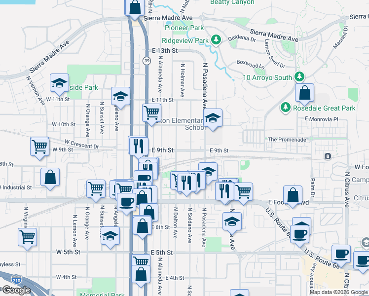 map of restaurants, bars, coffee shops, grocery stores, and more near 203 East 9th Street in Azusa