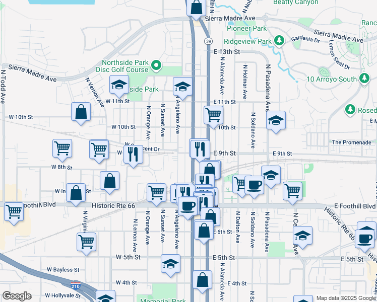 map of restaurants, bars, coffee shops, grocery stores, and more near 847 North San Gabriel Avenue in Azusa