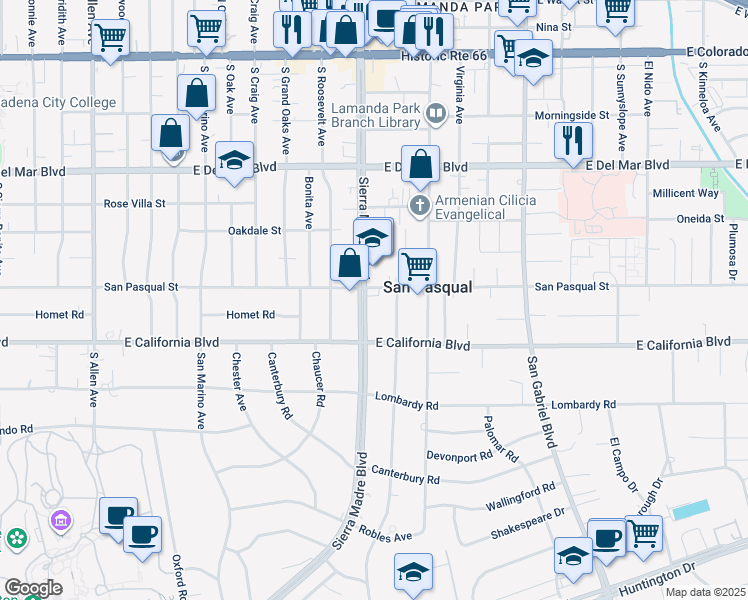 map of restaurants, bars, coffee shops, grocery stores, and more near 542 South Sierra Madre Boulevard in Pasadena