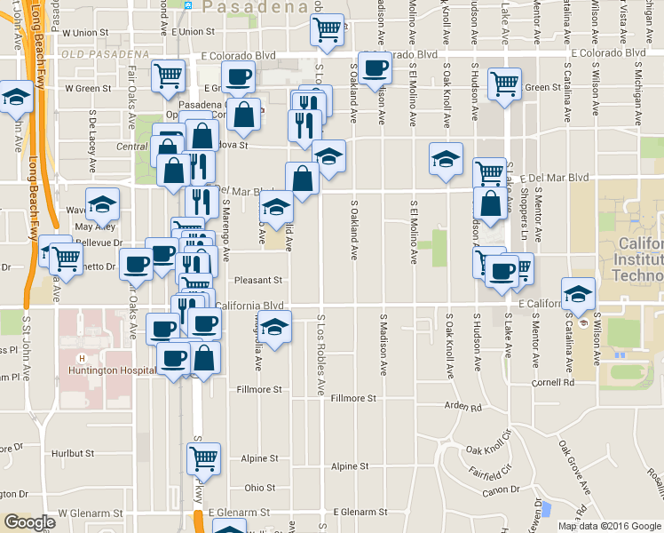 map of restaurants, bars, coffee shops, grocery stores, and more near 515 South Los Robles Avenue in Pasadena