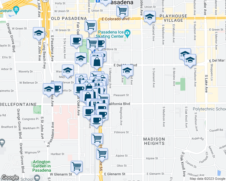 map of restaurants, bars, coffee shops, grocery stores, and more near 509 South Marengo Avenue in Pasadena