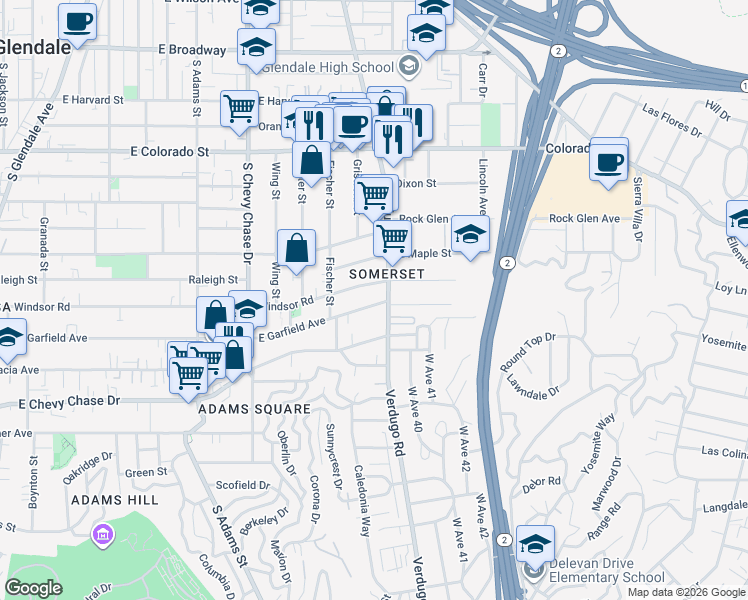 map of restaurants, bars, coffee shops, grocery stores, and more near 1384 East Garfield Avenue in Glendale