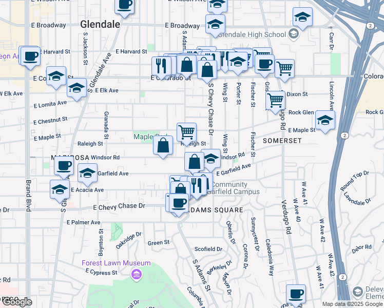 map of restaurants, bars, coffee shops, grocery stores, and more near 801 South Chevy Chase Drive in Glendale