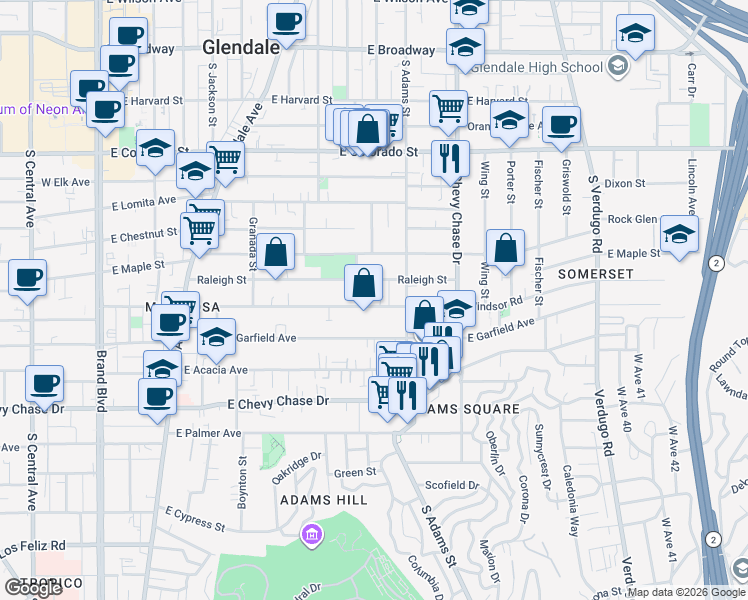 map of restaurants, bars, coffee shops, grocery stores, and more near 912 East Windsor Road in Glendale