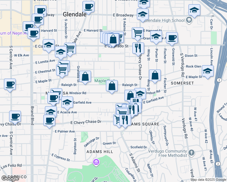 map of restaurants, bars, coffee shops, grocery stores, and more near 912 East Windsor Road in Glendale