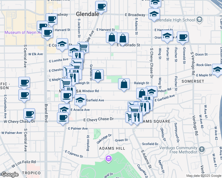 map of restaurants, bars, coffee shops, grocery stores, and more near 808 East Windsor Road in Glendale