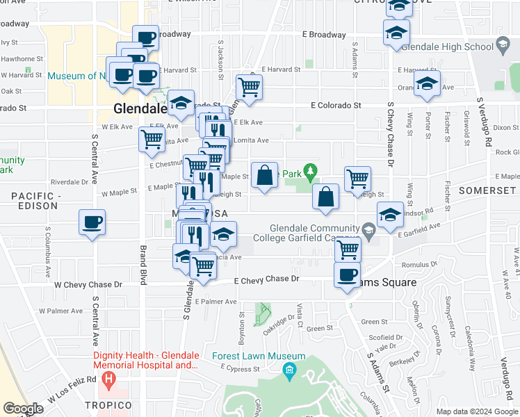 map of restaurants, bars, coffee shops, grocery stores, and more near 600 East Windsor Road in Glendale