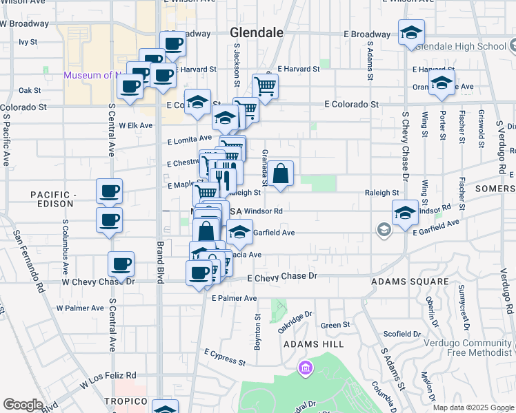 map of restaurants, bars, coffee shops, grocery stores, and more near 504 East Windsor Road in Glendale