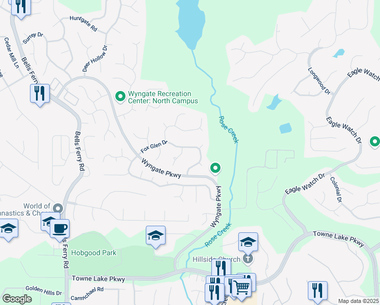 map of restaurants, bars, coffee shops, grocery stores, and more near 3977 Fox Glen Drive in Woodstock