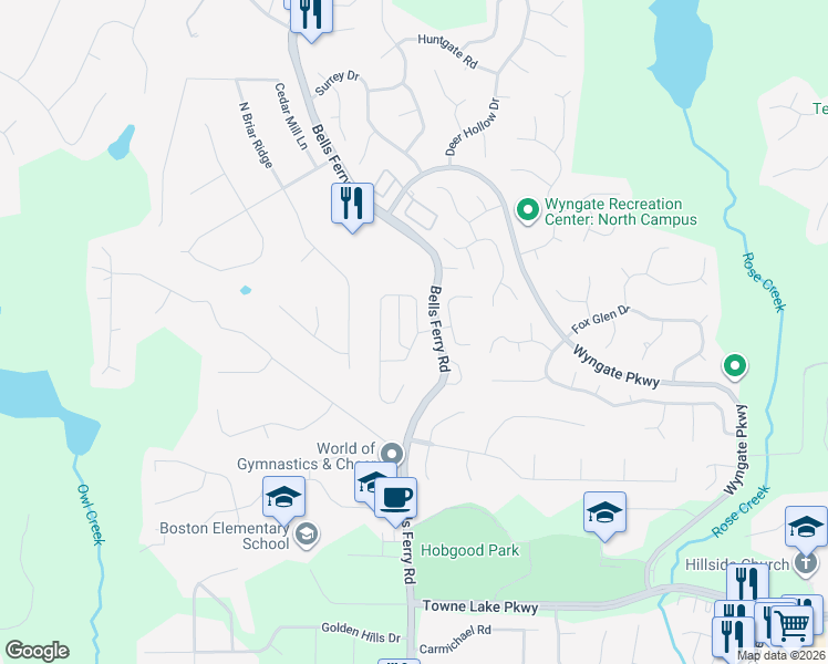 map of restaurants, bars, coffee shops, grocery stores, and more near 201 Ascott Lane in Woodstock
