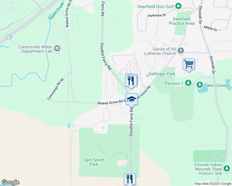 map of restaurants, bars, coffee shops, grocery stores, and more near 14 Carrington Drive in Cartersville