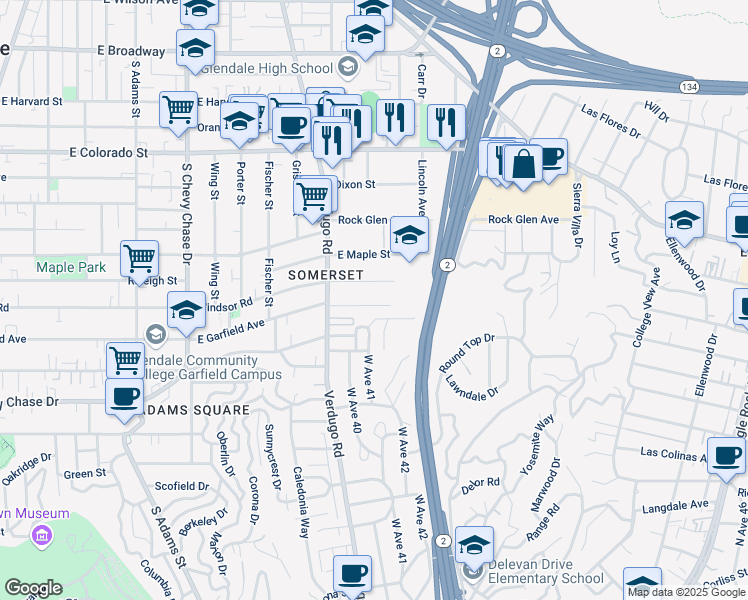 map of restaurants, bars, coffee shops, grocery stores, and more near 1449 East Garfield Avenue in Glendale