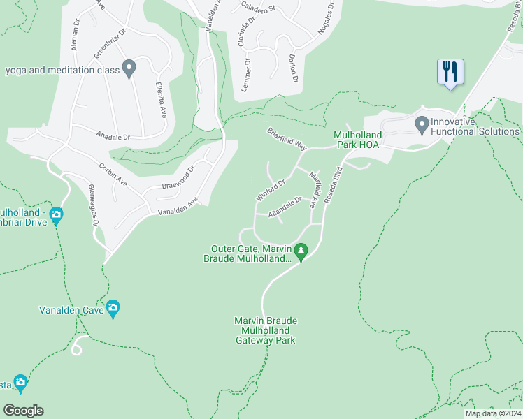 map of restaurants, bars, coffee shops, grocery stores, and more near 19265 Allandale Drive in Los Angeles