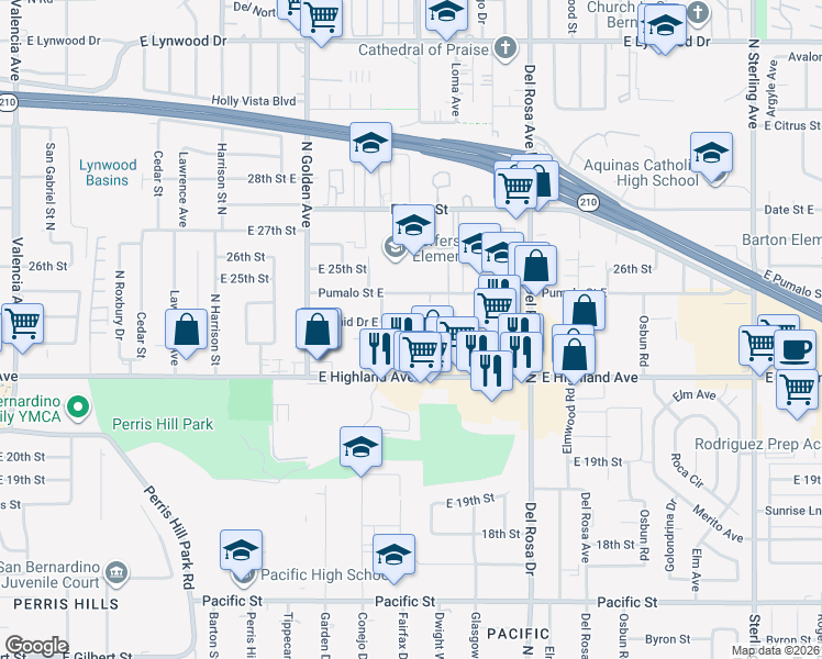 map of restaurants, bars, coffee shops, grocery stores, and more near 2301 Mountain Avenue North in San Bernardino