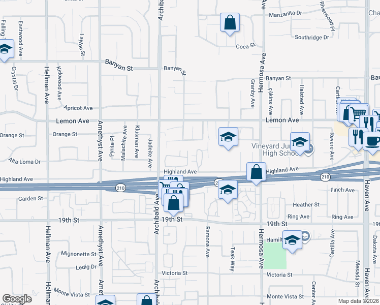 map of restaurants, bars, coffee shops, grocery stores, and more near 9805 Caldaro Street in Rancho Cucamonga