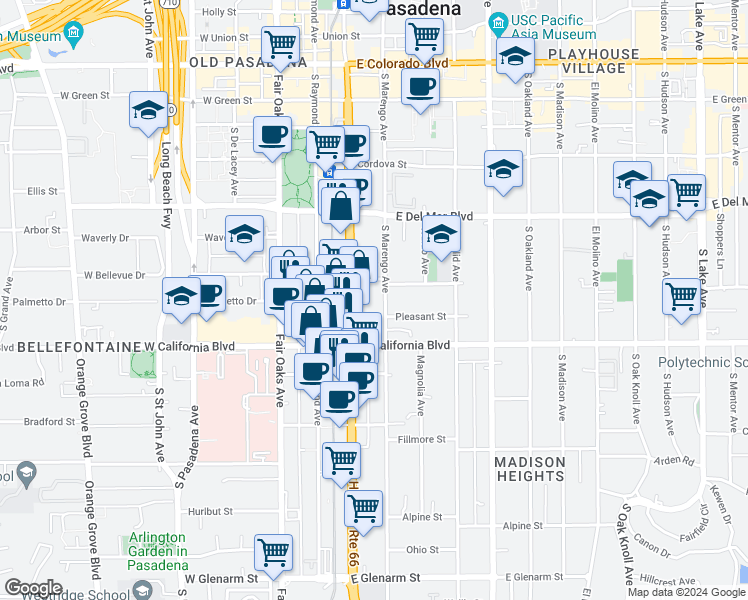 map of restaurants, bars, coffee shops, grocery stores, and more near 479 South Marengo Avenue in Pasadena