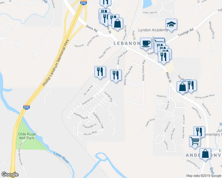 map of restaurants, bars, coffee shops, grocery stores, and more near 608 Sweet Bay Ridge in Woodstock