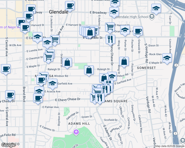 map of restaurants, bars, coffee shops, grocery stores, and more near 912 East Windsor Road in Glendale