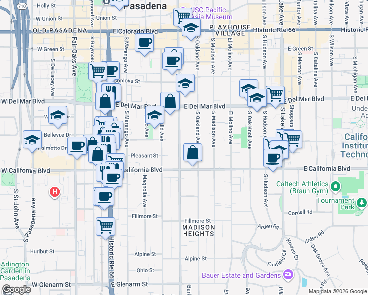 map of restaurants, bars, coffee shops, grocery stores, and more near 484 South Los Robles Avenue in Pasadena