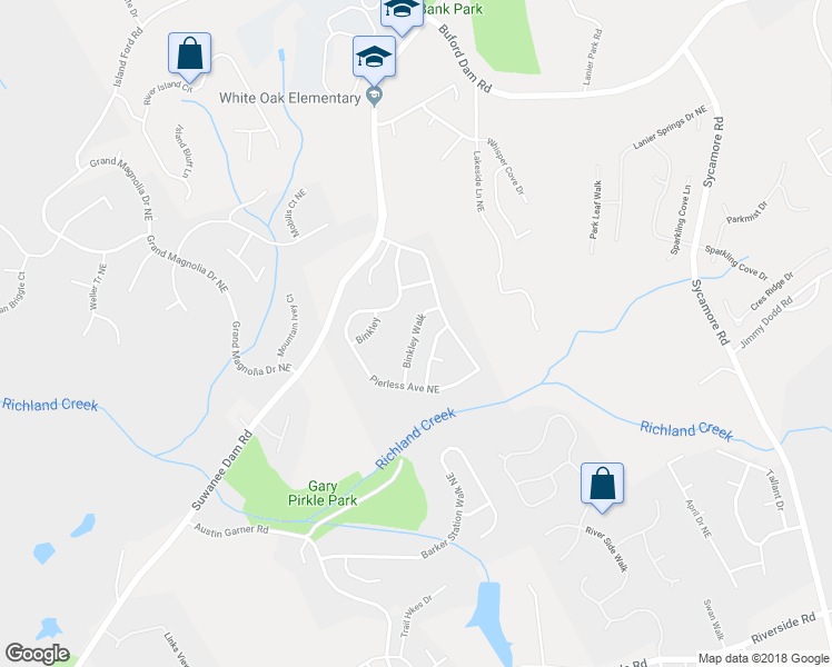 map of restaurants, bars, coffee shops, grocery stores, and more near 723 Binkley Walk in Buford