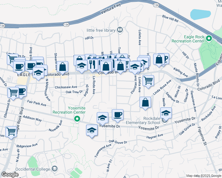 map of restaurants, bars, coffee shops, grocery stores, and more near 5008 Vincent Avenue in Los Angeles