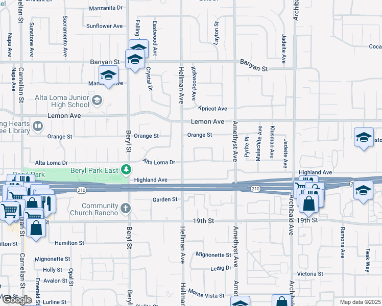 map of restaurants, bars, coffee shops, grocery stores, and more near 9358 Alta Loma Drive in Rancho Cucamonga