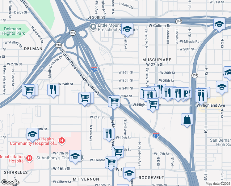map of restaurants, bars, coffee shops, grocery stores, and more near 1298 West 23rd Street in San Bernardino