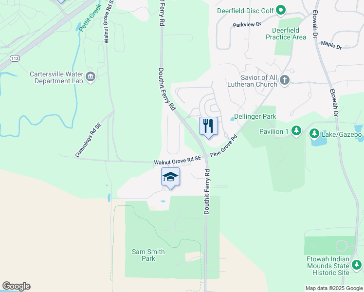 map of restaurants, bars, coffee shops, grocery stores, and more near 14 Carrington Drive in Cartersville