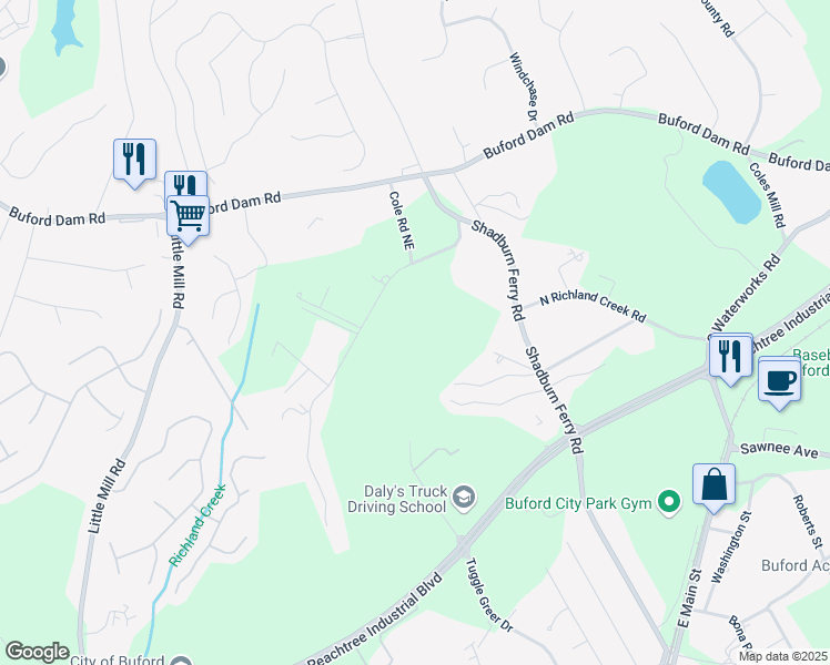 map of restaurants, bars, coffee shops, grocery stores, and more near 2319 Shoal Creek Road in Buford