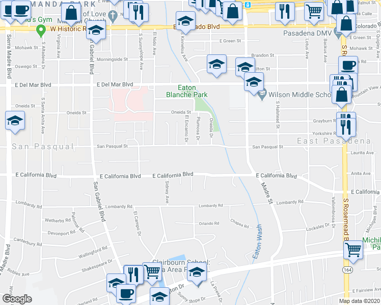 map of restaurants, bars, coffee shops, grocery stores, and more near 3110 San Pasqual Street in Pasadena