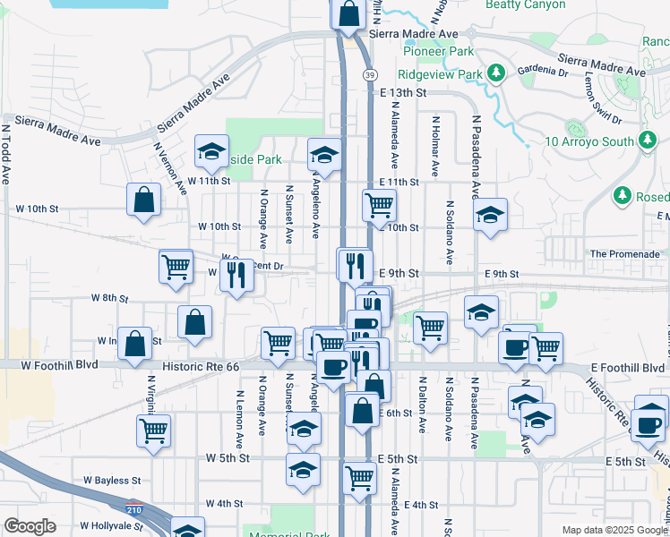 map of restaurants, bars, coffee shops, grocery stores, and more near 901 North San Gabriel Avenue in Azusa
