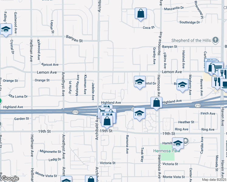 map of restaurants, bars, coffee shops, grocery stores, and more near 6432 Aleatico Place in Rancho Cucamonga