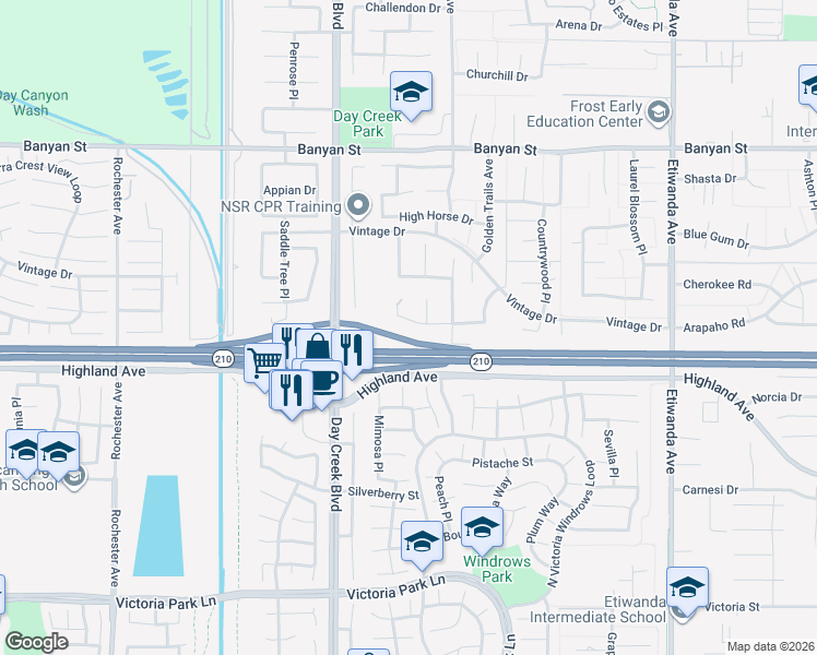 map of restaurants, bars, coffee shops, grocery stores, and more near 12369 Rodeo Drive in Rancho Cucamonga