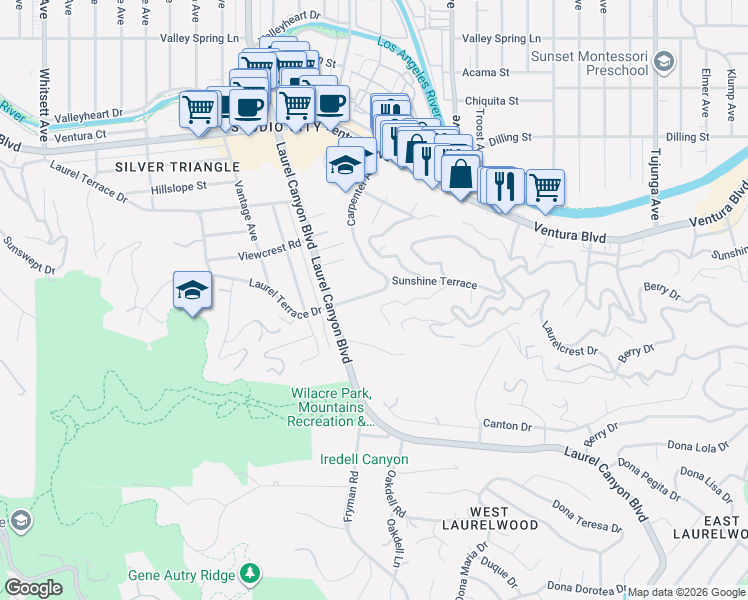 map of restaurants, bars, coffee shops, grocery stores, and more near 11922 Sunshine Terrace in Los Angeles