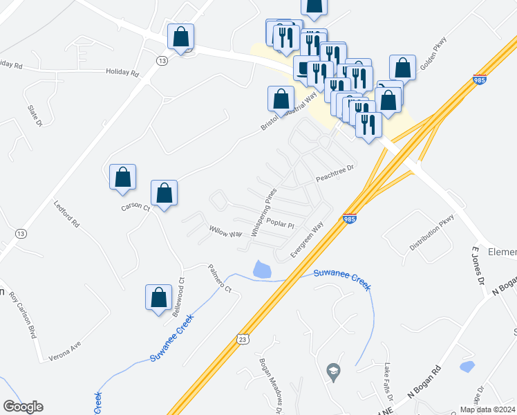 map of restaurants, bars, coffee shops, grocery stores, and more near 5419 Magnolia Way in Buford
