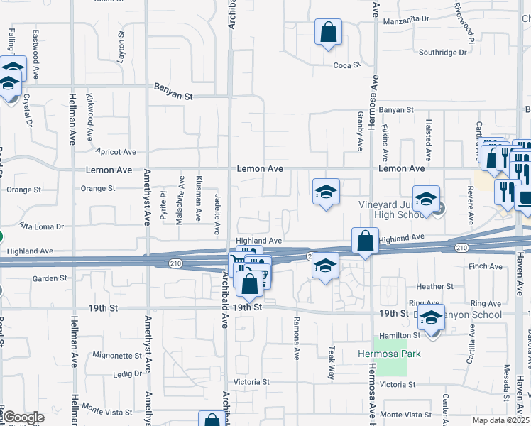 map of restaurants, bars, coffee shops, grocery stores, and more near 6432 Aleatico Place in Rancho Cucamonga