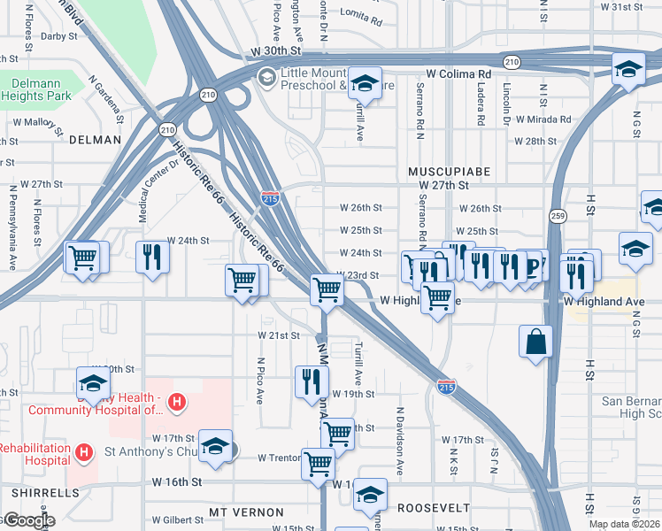 map of restaurants, bars, coffee shops, grocery stores, and more near 1298 West 23rd Street in San Bernardino