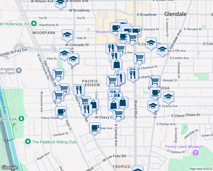 map of restaurants, bars, coffee shops, grocery stores, and more near 330 West Maple Street in Glendale