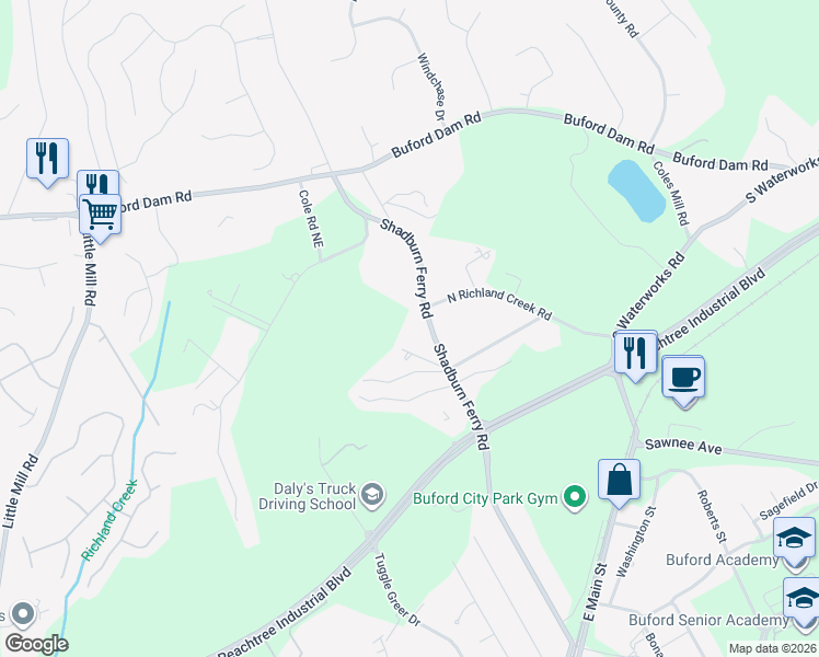 map of restaurants, bars, coffee shops, grocery stores, and more near 5464 Shadburn Ferry Rd in Buford