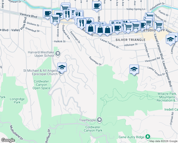 map of restaurants, bars, coffee shops, grocery stores, and more near 3681 Goodland Avenue in Los Angeles