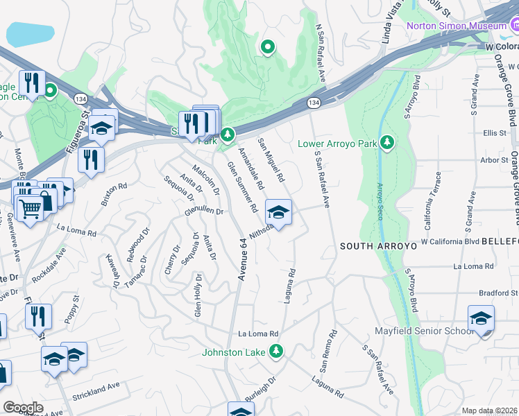map of restaurants, bars, coffee shops, grocery stores, and more near 232 Glen Summer Road in Pasadena