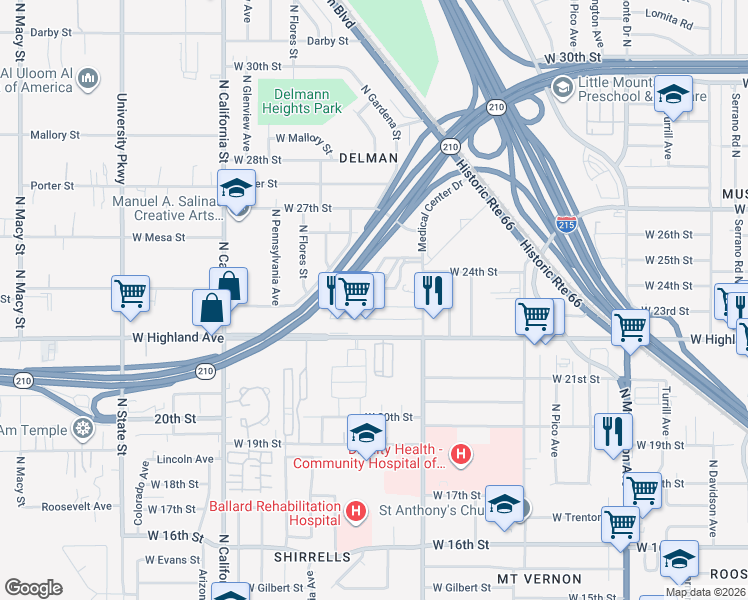 map of restaurants, bars, coffee shops, grocery stores, and more near 1648 West 23rd Street in San Bernardino
