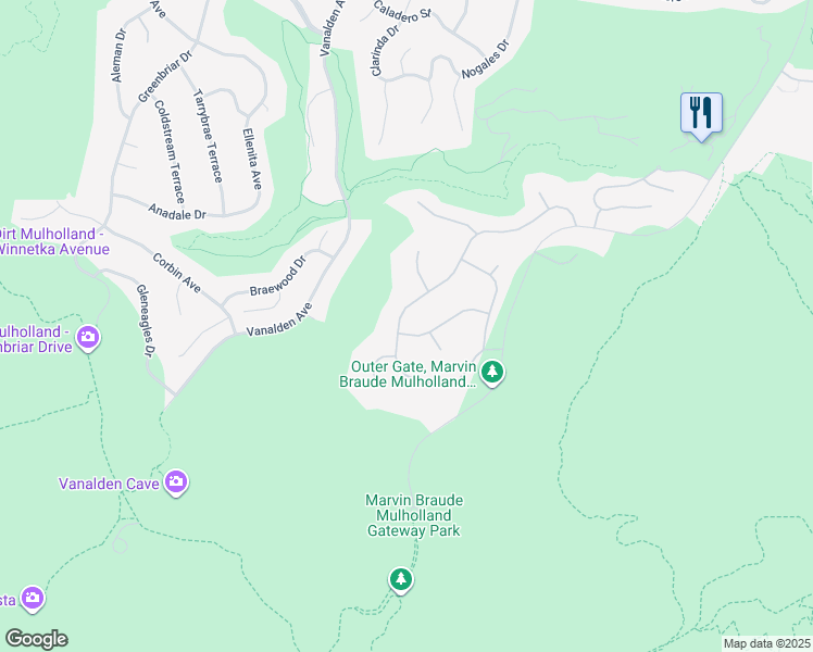 map of restaurants, bars, coffee shops, grocery stores, and more near 19265 Allandale Drive in Los Angeles