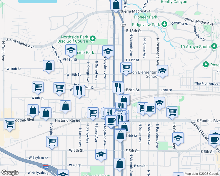 map of restaurants, bars, coffee shops, grocery stores, and more near 901 North San Gabriel Avenue in Azusa