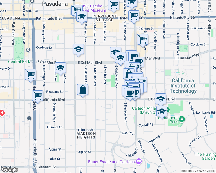map of restaurants, bars, coffee shops, grocery stores, and more near 511 South El Molino Avenue in Pasadena