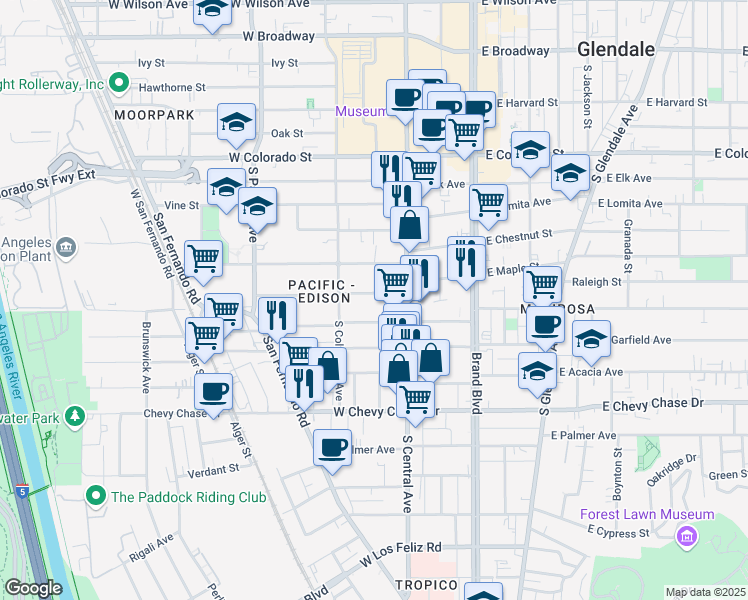 map of restaurants, bars, coffee shops, grocery stores, and more near 330 West Maple Street in Glendale
